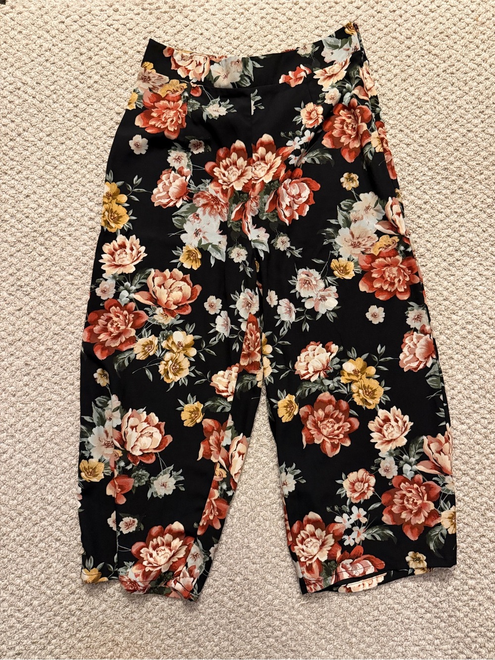 wild fable Black Floral Capri Pants with Rust, Yellow, and Cream Blooms